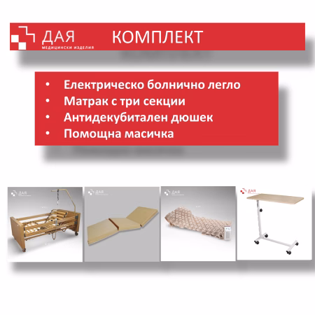 Комплект Електрическо болнично легло с Матрак Антидекубитален дюшек и Помощна масичка дая